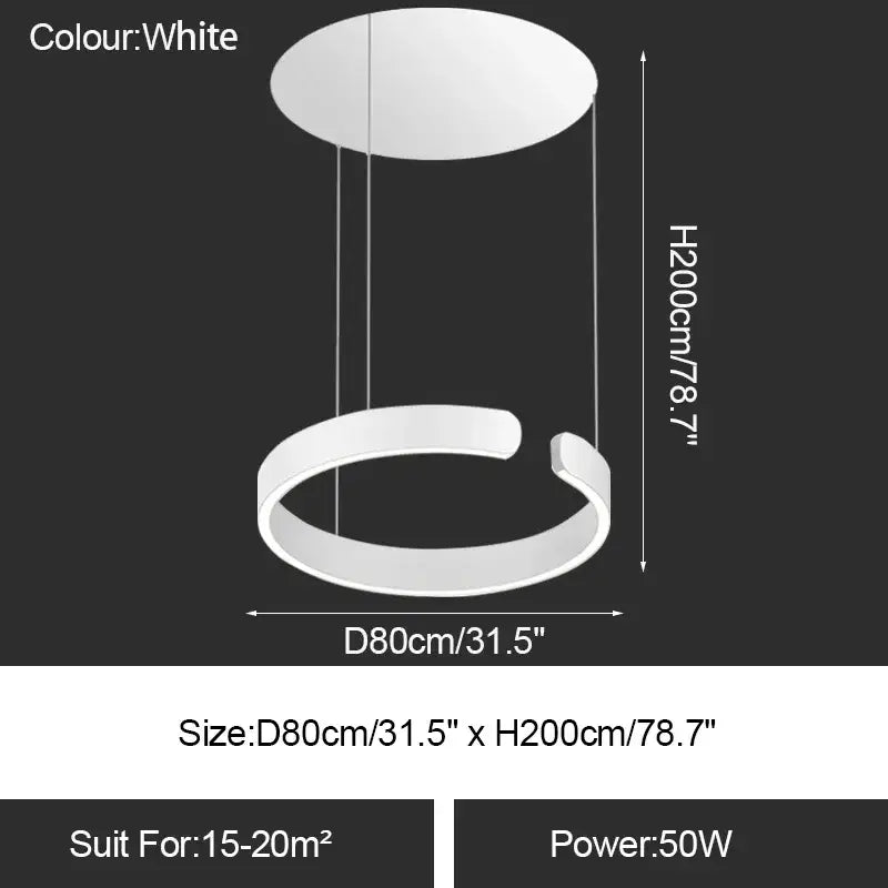 White minimalist led ring chandelier with two circular rings suspended by thin cables for dining room lighting