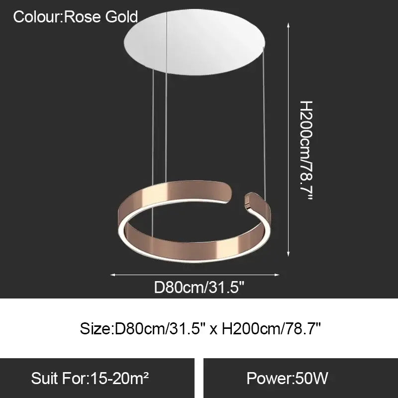 Rose gold circular led ring chandelier with minimalist design and modern metallic finish for dining room lighting