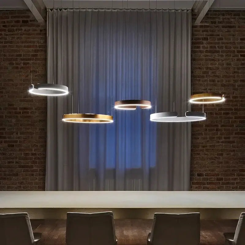 Decorbites™ led ring chandelier features modern brushed gold and matte white circular pendants for dining room lighting
