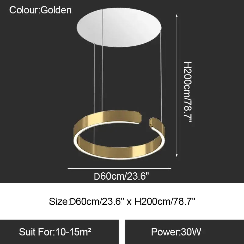 Golden circular led ring chandelier with sleek metallic finish and minimalist design for modern dining room lighting