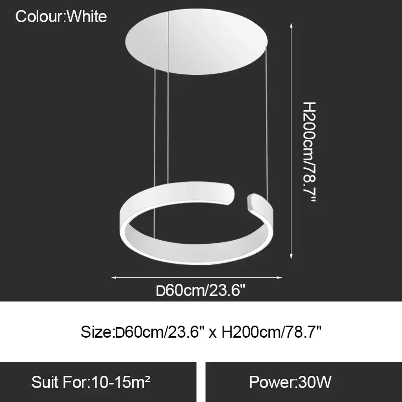 White minimalist led ring chandelier with two circular rings suspended by thin cables for dining room lighting