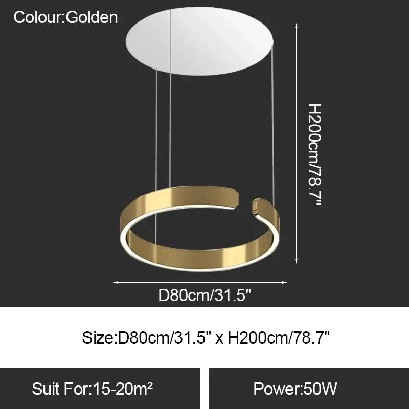 Golden circular led ring chandelier with sleek modern design for dining room table lighting and home decoration