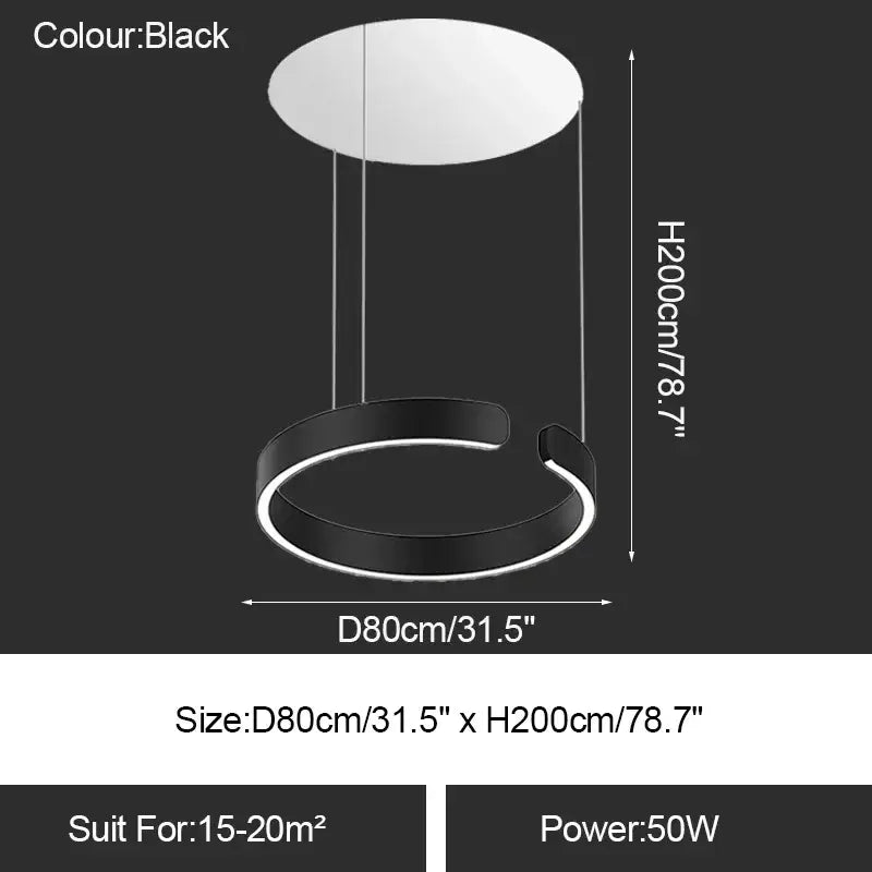 Black circular DecorBites™ led ring chandelier with modern design and illuminated inner ring for dining room lighting