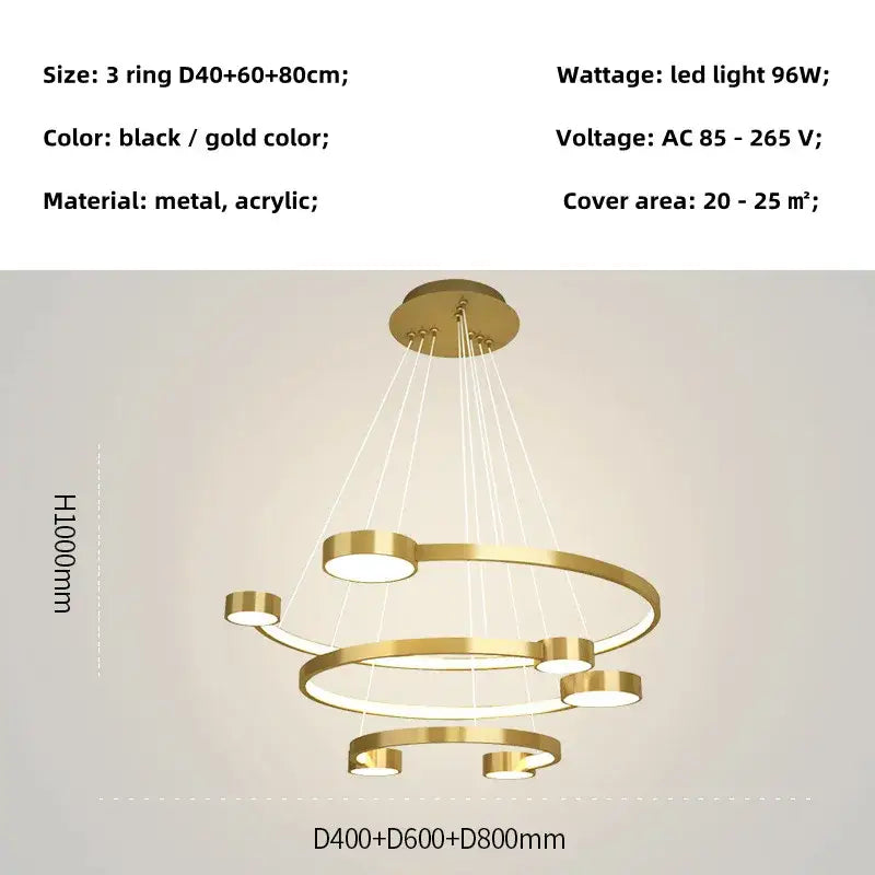 Modern gold-toned led ring chandelier with three concentric metal and acrylic rings for dining and living rooms