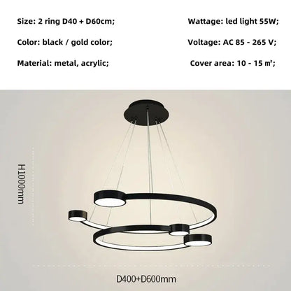 Modern black and gold led ring chandelier with sleek metal and acrylic design for dining living room and lobby by DecorBites