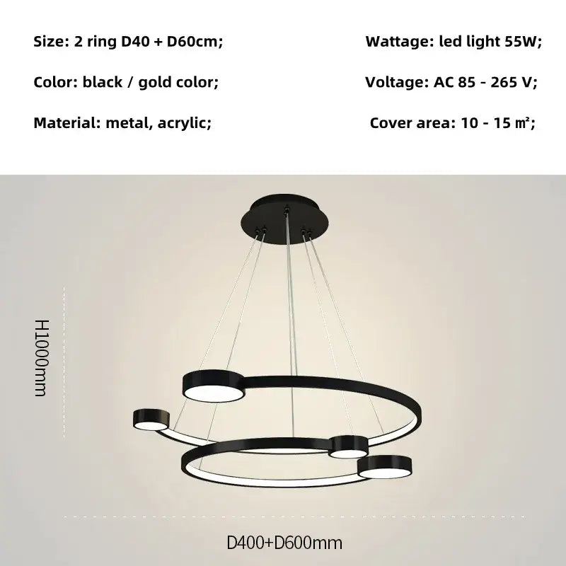 Modern black and gold led ring chandelier with sleek metal and acrylic design for dining living room and lobby by DecorBites