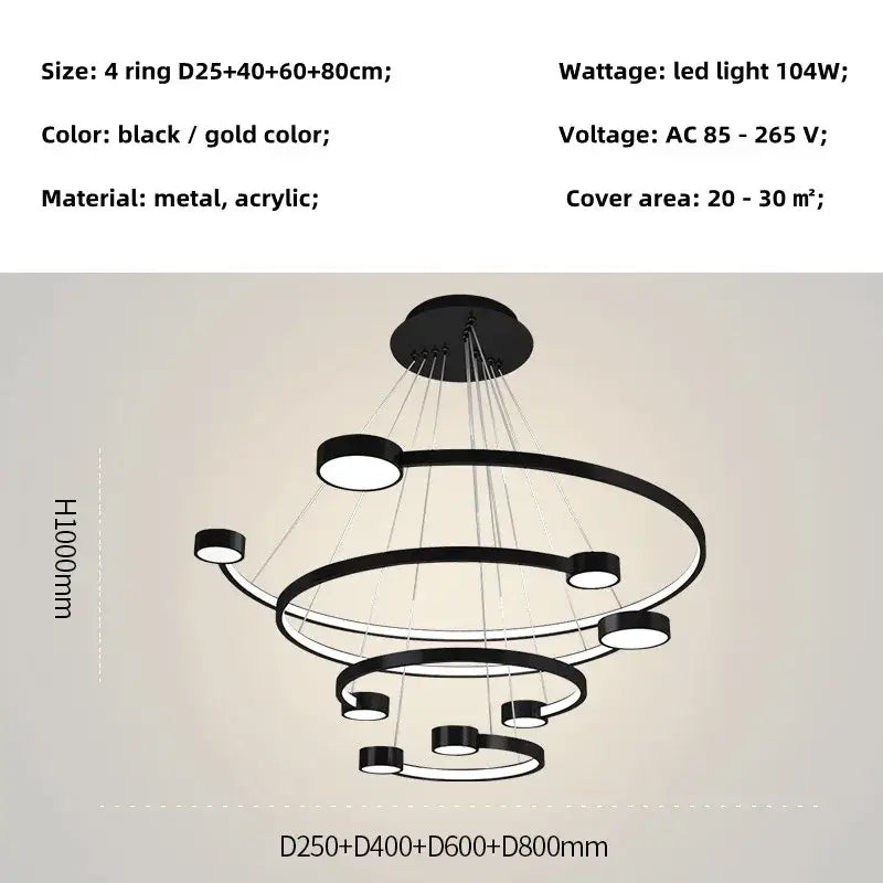 Modern black and gold led ring chandelier with sleek metal and acrylic design for dining living room and lobby lighting