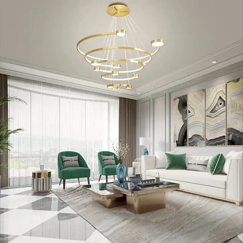 Gold-toned decorbites™ led ring chandelier with concentric circular rings and embedded lights for dining and living rooms
