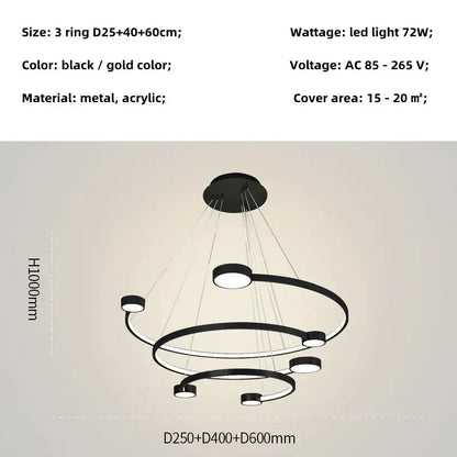 Modern black and gold led ring chandelier with sleek metal and acrylic design for dining living room and lobby by DecorBites
