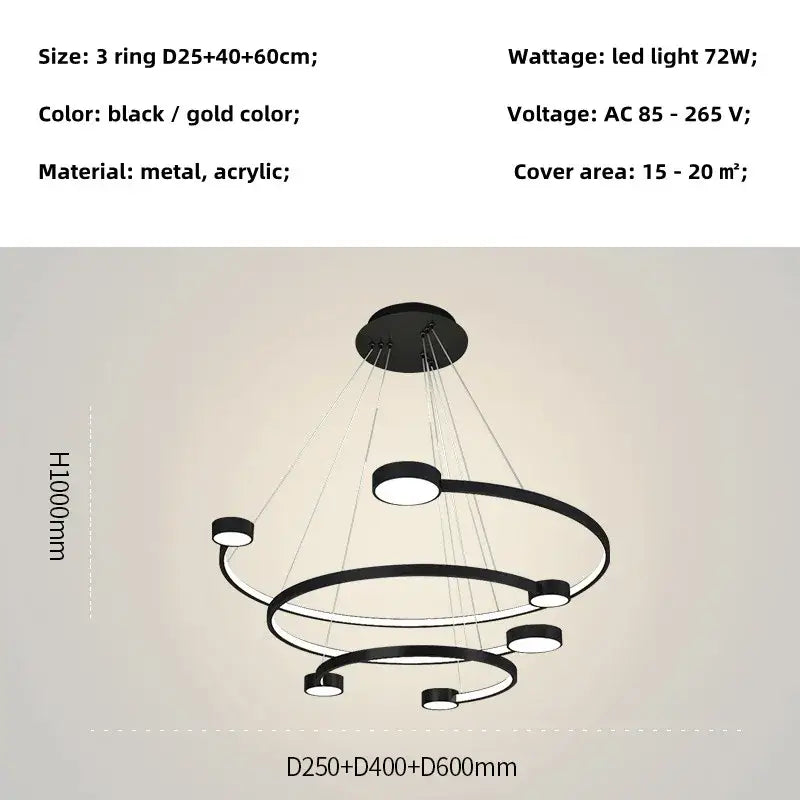 Modern black and gold led ring chandelier with sleek metal and acrylic design for dining living room and lobby by DecorBites