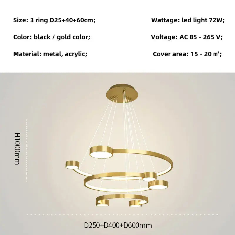 Decorbites™ led ring chandelier in gold tone with three concentric metal and acrylic rings for modern spaces