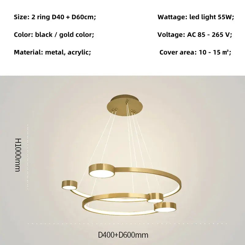 Modern gold-toned led ring chandelier decorbites with layered rings and integrated led lighting for dining and living rooms