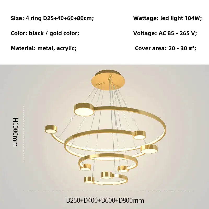 Modern gold-toned led ring chandelier with black and gold metal and acrylic accents for dining and living rooms