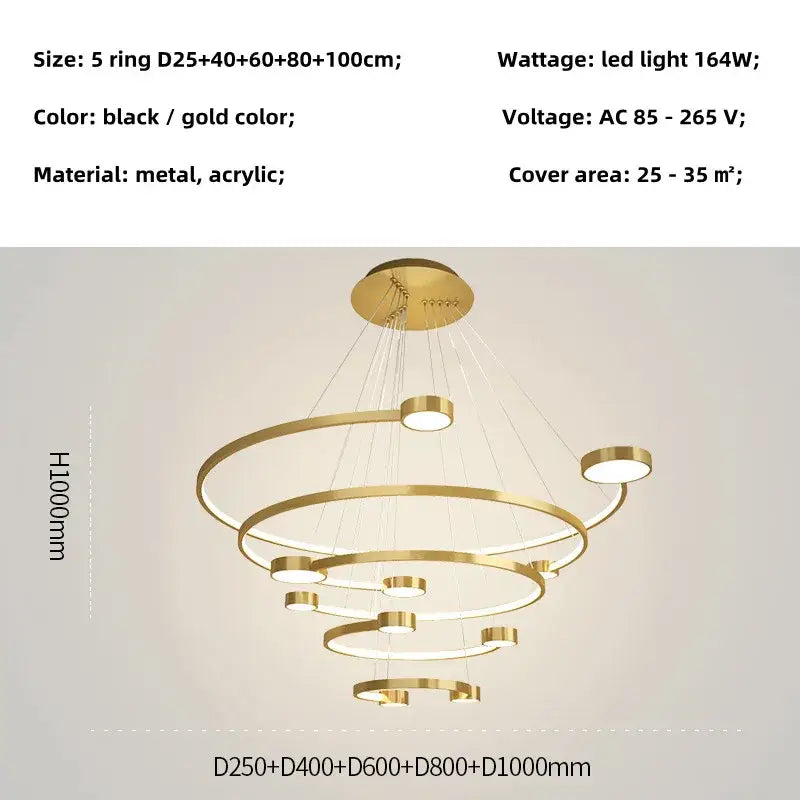 Modern gold-toned led ring chandelier with concentric circular rings and embedded leds for dining and living rooms