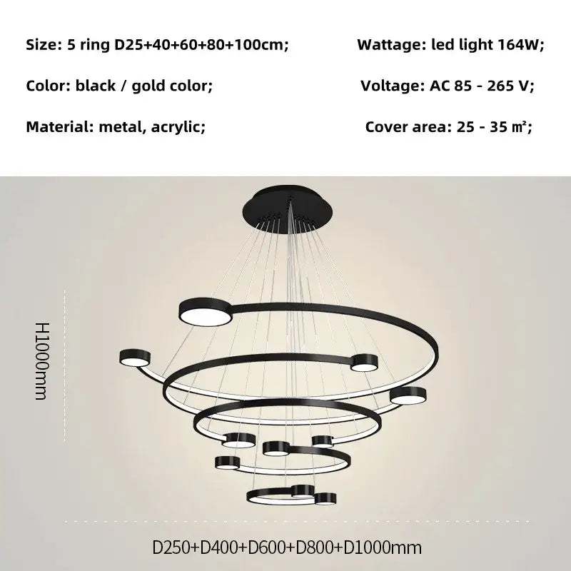 Modern black and gold led ring chandelier with sleek metal and acrylic design for dining living room and lobby by DecorBites