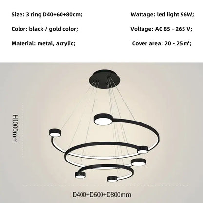 Modern black and gold led ring chandelier with sleek metal and acrylic design for dining living room and lobby decor