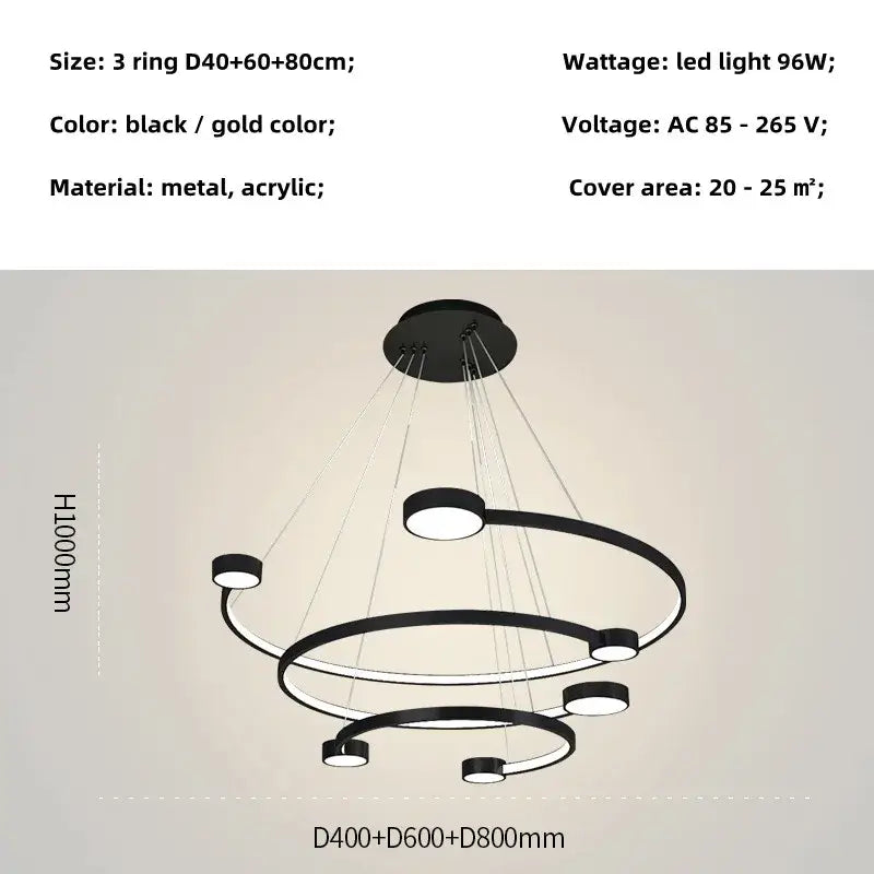 Modern black and gold led ring chandelier with sleek metal and acrylic design for dining living room and lobby decor