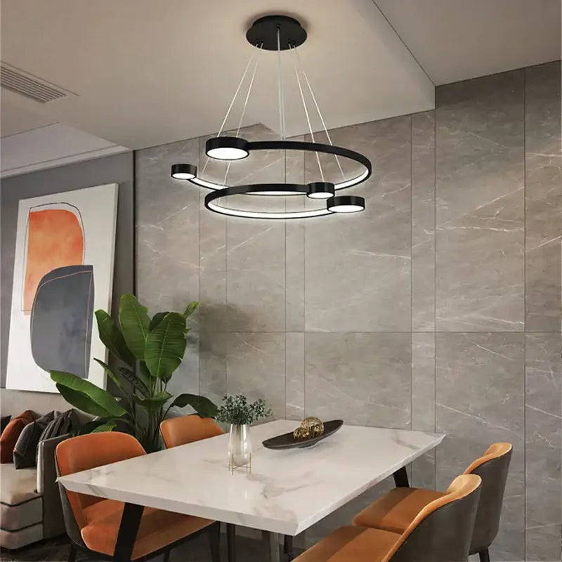 Modern black circular led ring chandelier with multiple rings and integrated lights by decorbites for living spaces