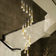 Golden modern led ring chandelier with sleek tapered glass shades in a cascading design for villa decor lighting