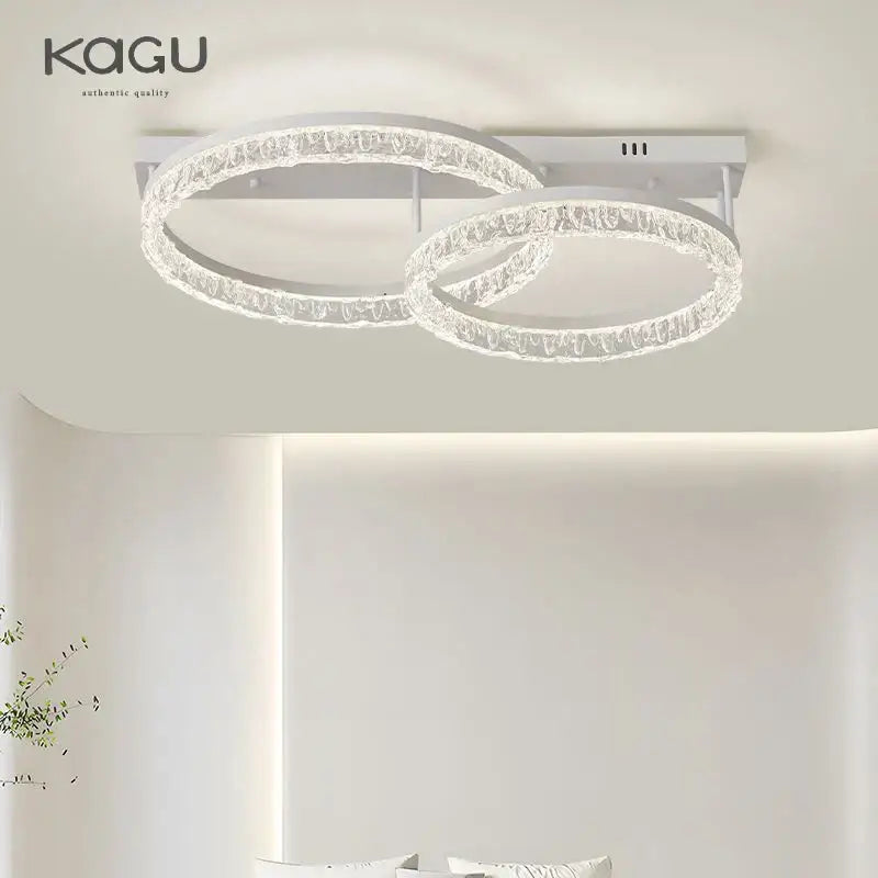 Modern white kagu led ring chandelier with two interlocking crystal rings for home décor with remote control