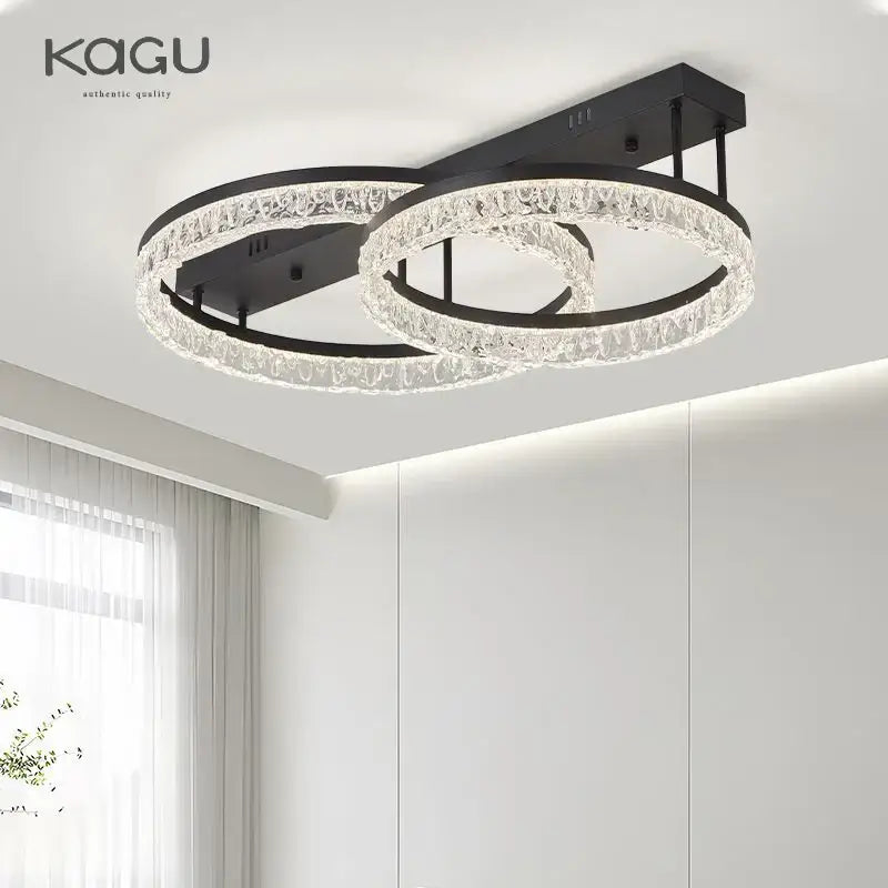 Black kagu led ring chandelier with two interlocking crystal rings modern ceiling lamp for home décor by DecorBites