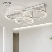 Modern white kagu led ring chandelier with three interlocking crystal rings for elegant home décor lighting