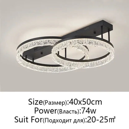 Modern black metal led ring chandelier with two interlocking crystal rings for elegant home décor lighting