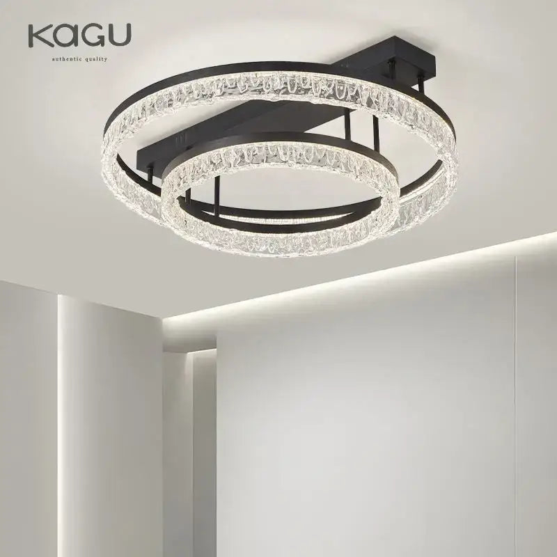 Black kagu led ring chandelier with two concentric crystal-adorned rings modern ceiling lamp by decorbites