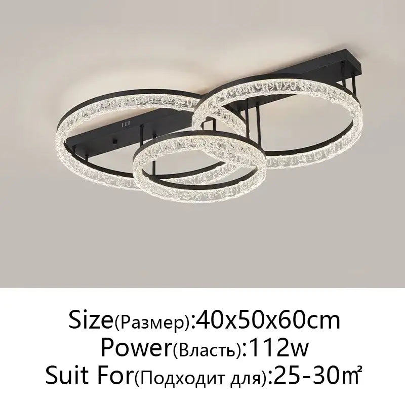 Modern black metal led ring chandelier with three interlocking crystal rings for home décor and remote control lighting