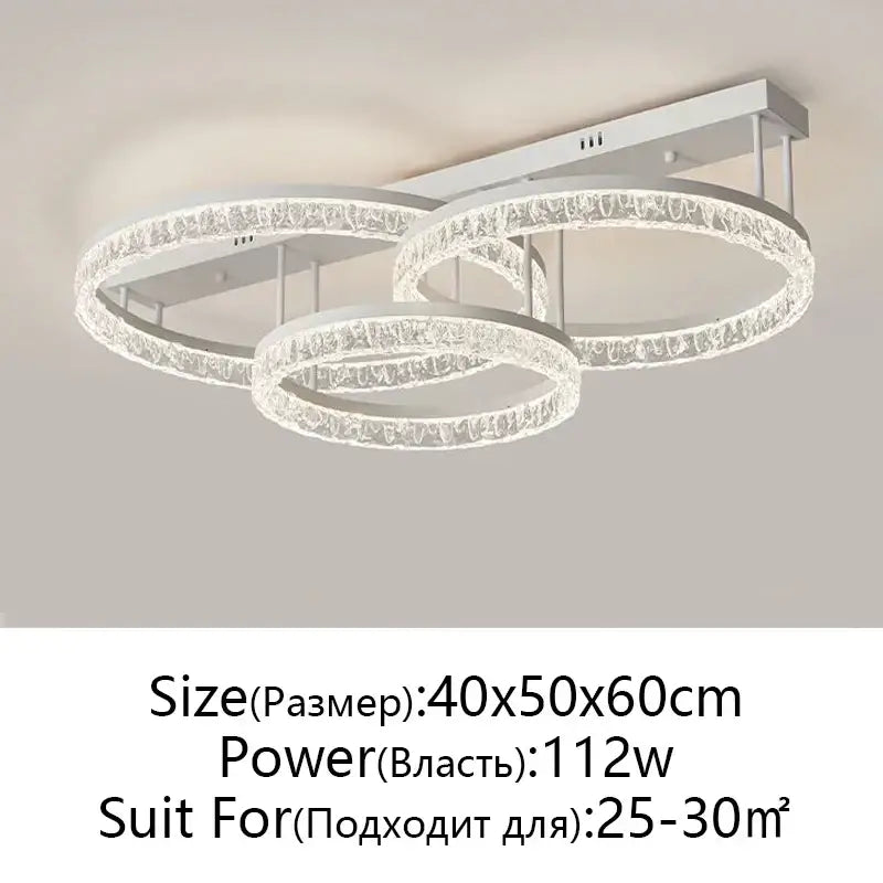 Modern white led ring chandelier with three interlocking crystal rings and remote control for home décor lighting