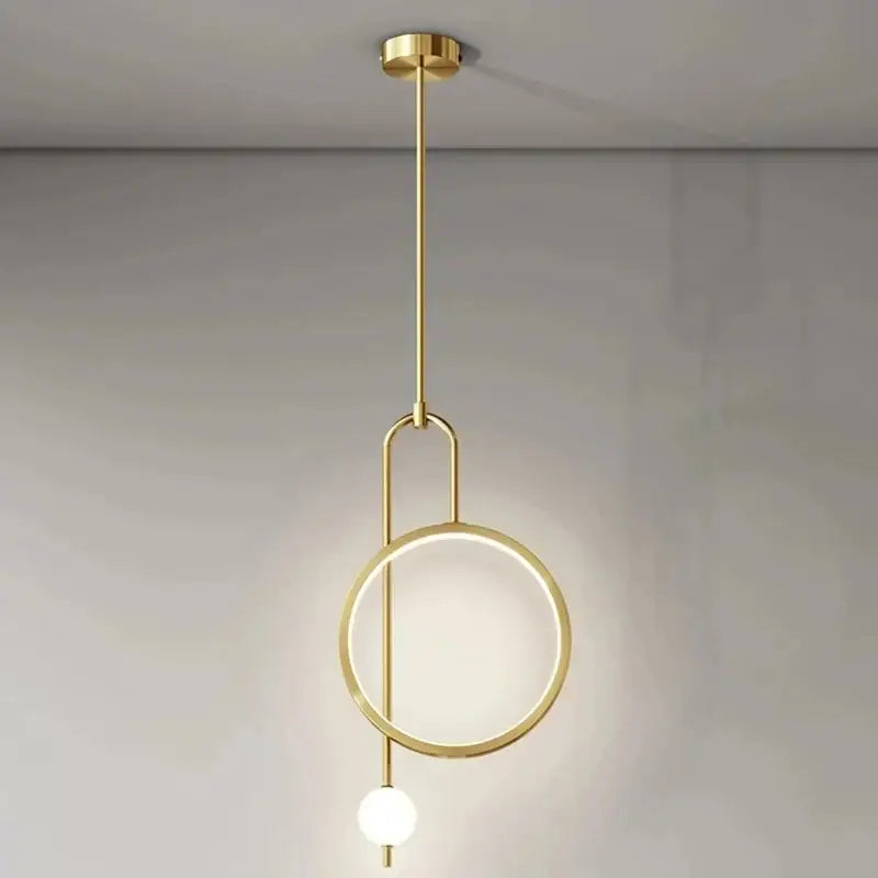 Gold-toned DecorBites led ring pendant chandelier with circular ring and spherical bulb for home dining and living spaces