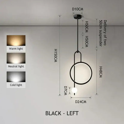 Black minimalist led ring pendant chandelier with circular frame and spherical bulb for dining and living room lighting