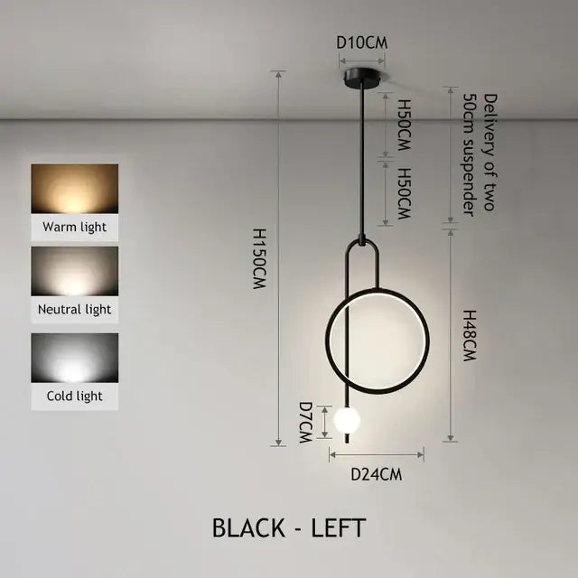 Black minimalist led ring pendant chandelier with circular frame and spherical bulb for dining and living room lighting