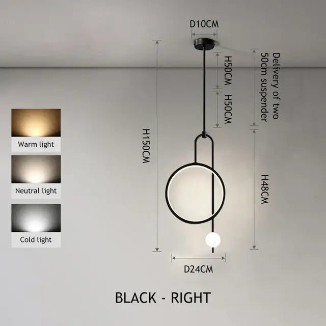 Black minimalist decorbites™ led ring pendant chandelier with circular diffuser and spherical accent in warm to cold light options