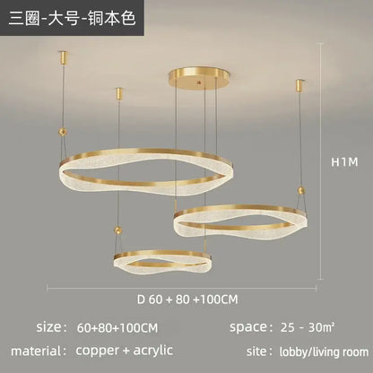Modern gold-toned copper and acrylic decorbites led ring pendant chandelier with three interlocking wave-like circular tiers