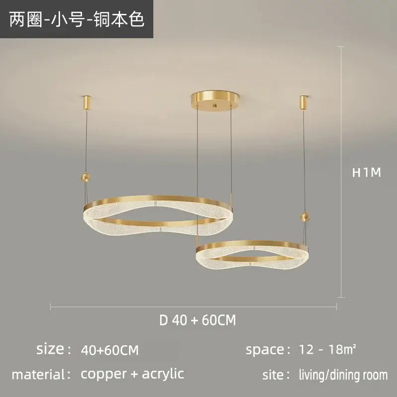 Gold-toned decorbites™ led ring pendant chandelier with wavy copper and acrylic design for living and dining rooms