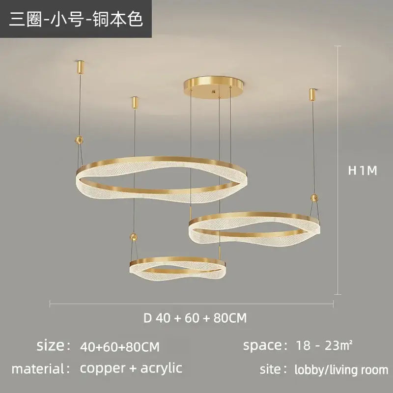Gold-toned copper and acrylic decorbites led ring pendant chandelier with modern layered design for living rooms and bedrooms