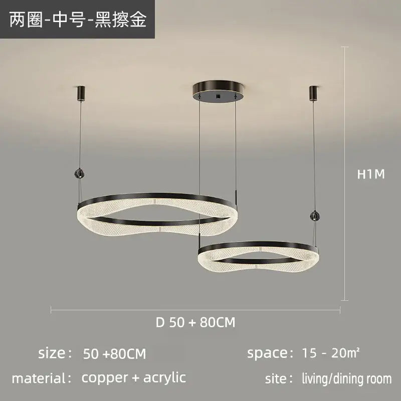 Black-gold two-ring led ring pendant chandelier with copper and acrylic materials for living room bedroom and dining room