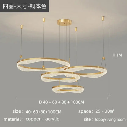 Modern gold-toned copper and acrylic led ring pendant chandelier with interlocking circular rings for living and dining rooms