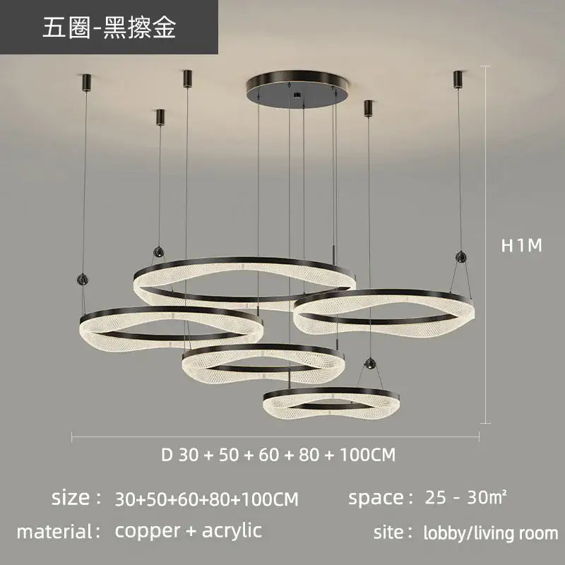 Modern black-brushed copper and acrylic led ring pendant chandelier with layered circular design for living spaces