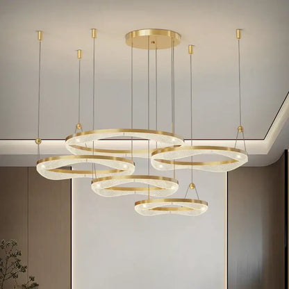 DecorBites™ modern gold-toned led ring pendant chandelier with translucent mesh rings for living room and dining room