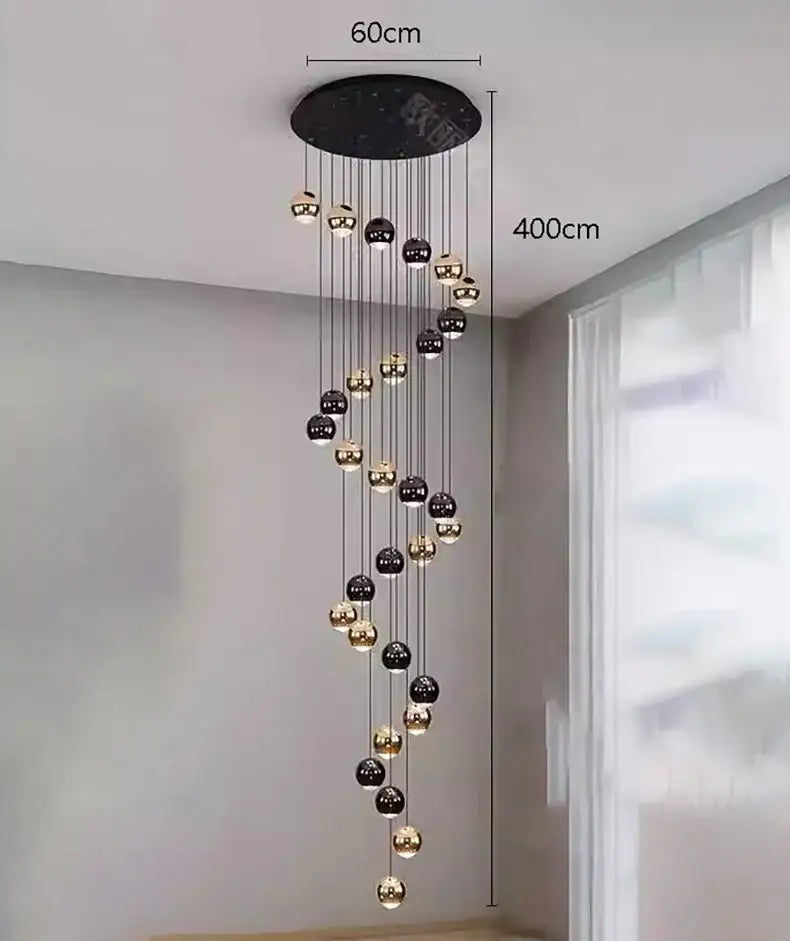 Decorbites™ led ring pendant light featuring a modern black and gold spherical design with 30 glass orbs and heads size diameter
