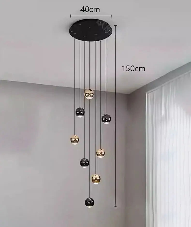 Modern black and gold spherical pendant chandelier with circular ceiling mount and adjustable heads size diameter by DecorBites™
