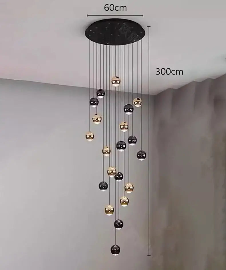 DecorBites™ led ring pendant light with black circular mount and gold black spherical bulbs heads size diameter features