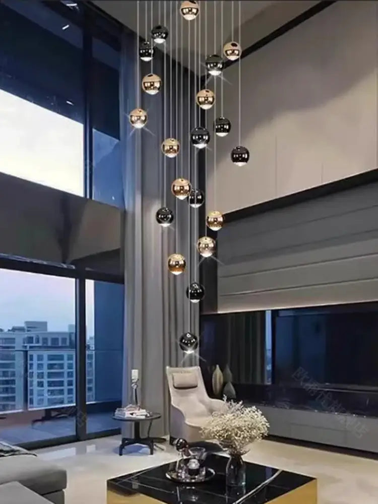 Decorbites™ led ring pendant light with cascade of spherical glass orbs in gold and black reflective finish heads size diameter