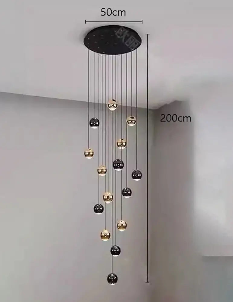 DecorBites™ LED ring pendant light with modern cascading spherical bulbs in gold and dark metallic with heads size diameter