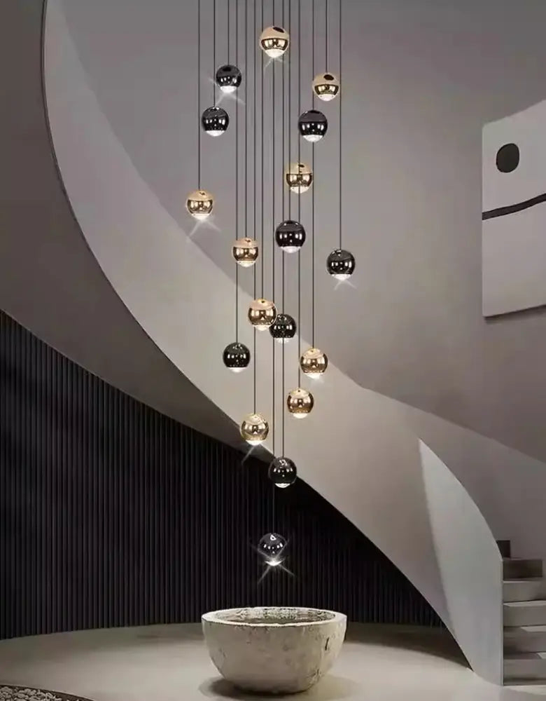 DecorBites™ LED ring pendant light with multiple black and gold glass orbs suspended by thin cables heads size diameter