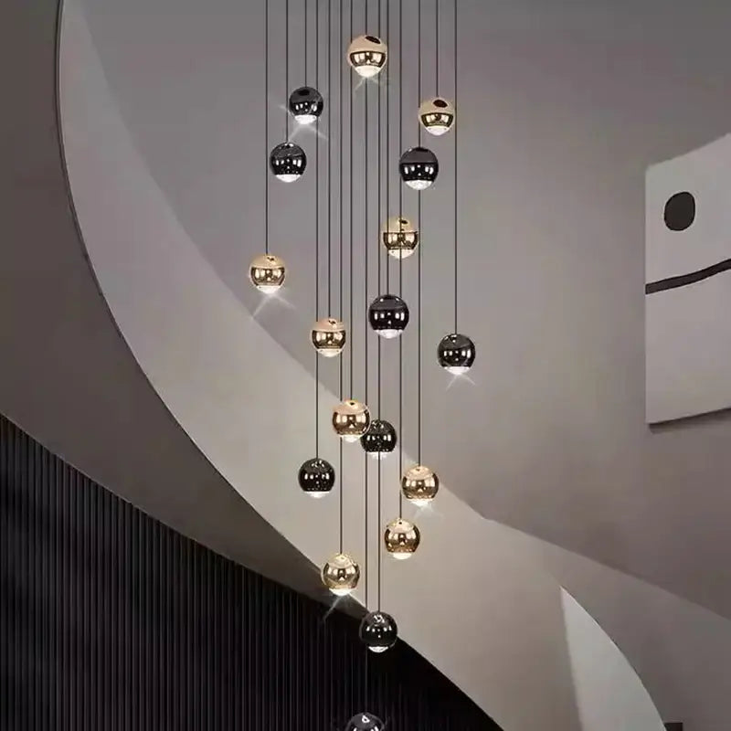 Modern chandelier decorbites™ led ring pendant light with spherical black and gold metallic globe heads size diameter suspended by cables