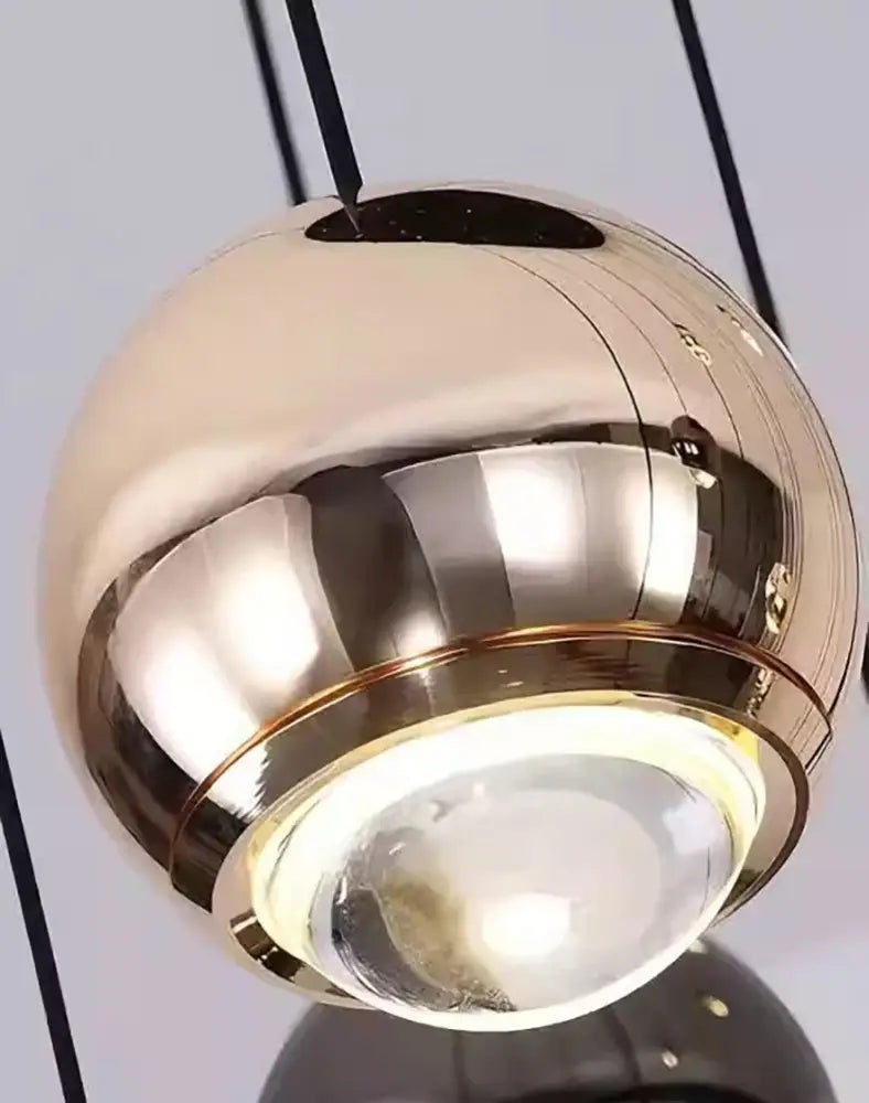 DecorBites™ LED ring pendant light with polished gold spherical heads size diameter and clear glass bulb center