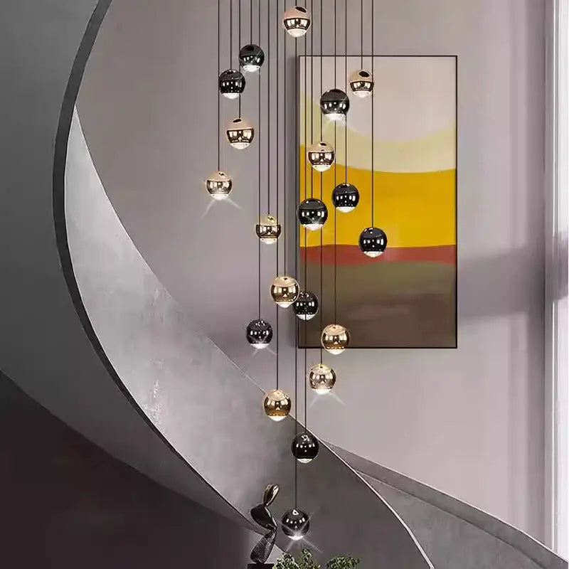 Decorbites™ led ring pendant light with modern spherical black and gold mirrored globe heads size diameter suspended by cords